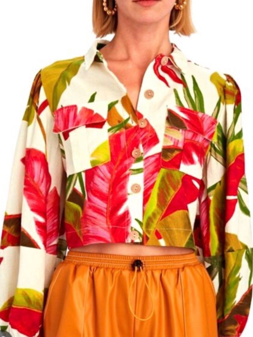 FARM Rio Spring Forest Cropped Linen Blend Shirt Small